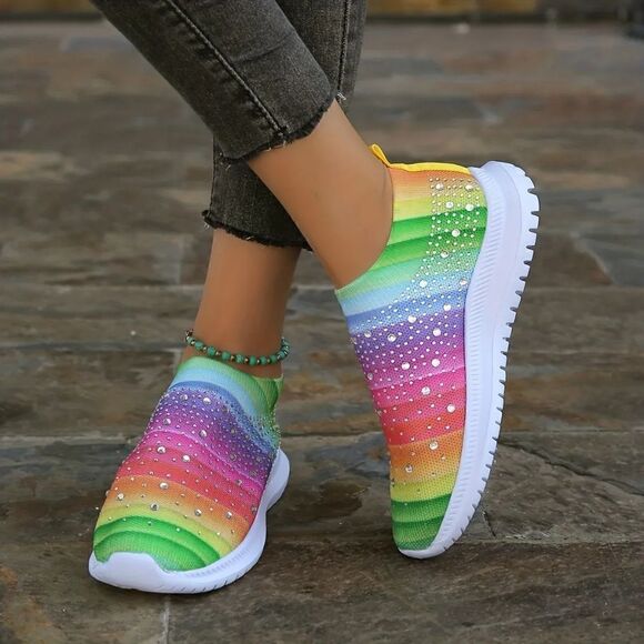 Women's Rainbow Rhinestone Size 40 Sock Sneakers In Like New Condition - Picture 2 of 10